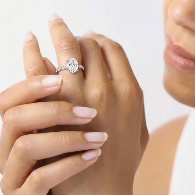 Oval Diamond High Set Hidden Halo Shoulder Set Ring