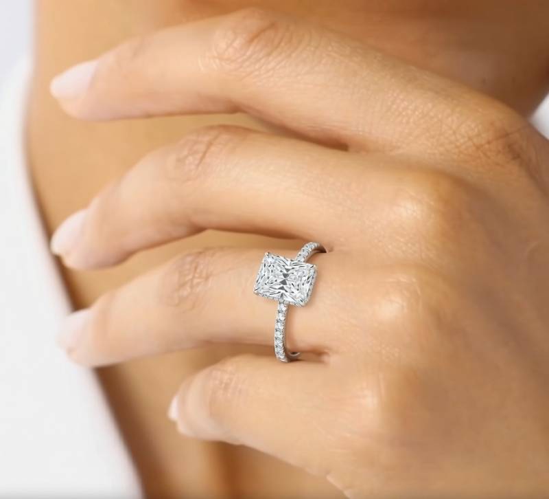 Radiant Diamond High Set Hidden Halo Shoulder Set Ring