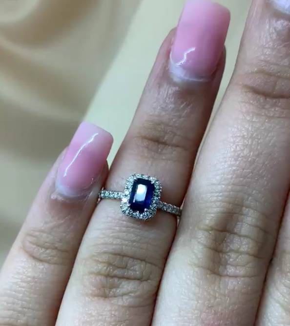 1.35ct VS/F-G Emerald Cut Blue Sapphire Gemstone Halo Ring in 9k White Gold