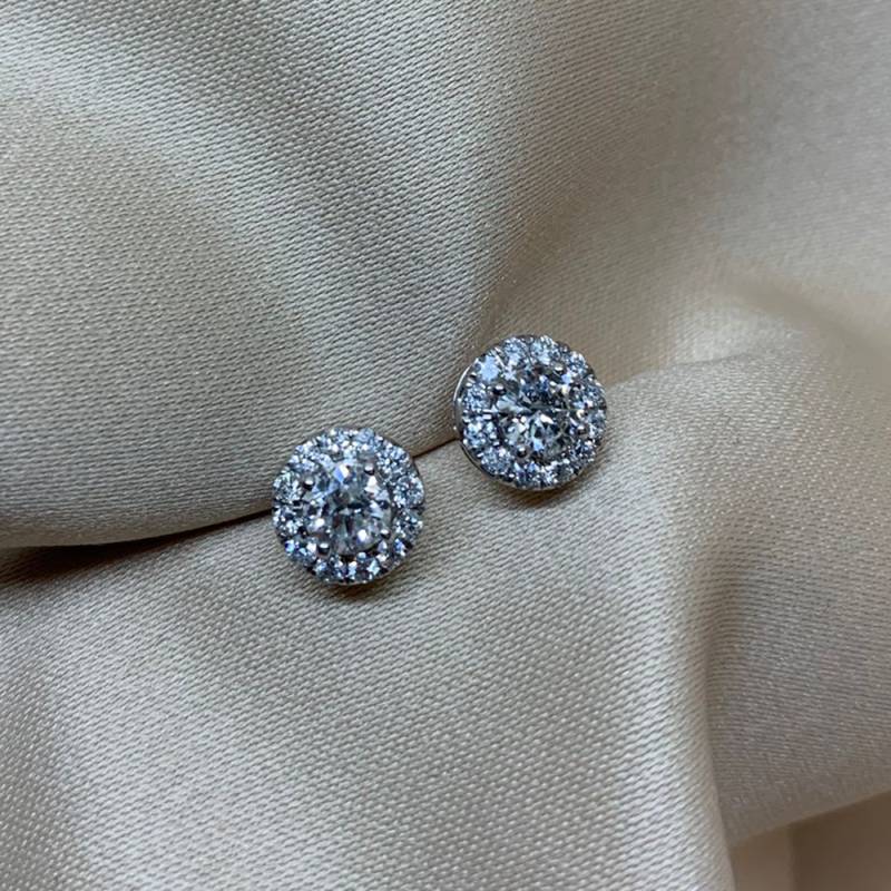 0.92ct VS/E-F Natural Round Cut Diamond Halo Earrings in 18k White Gold