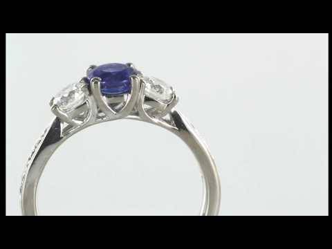 3 Stone Blue Sapphire and Diamond Ring With Shoulder Diamonds