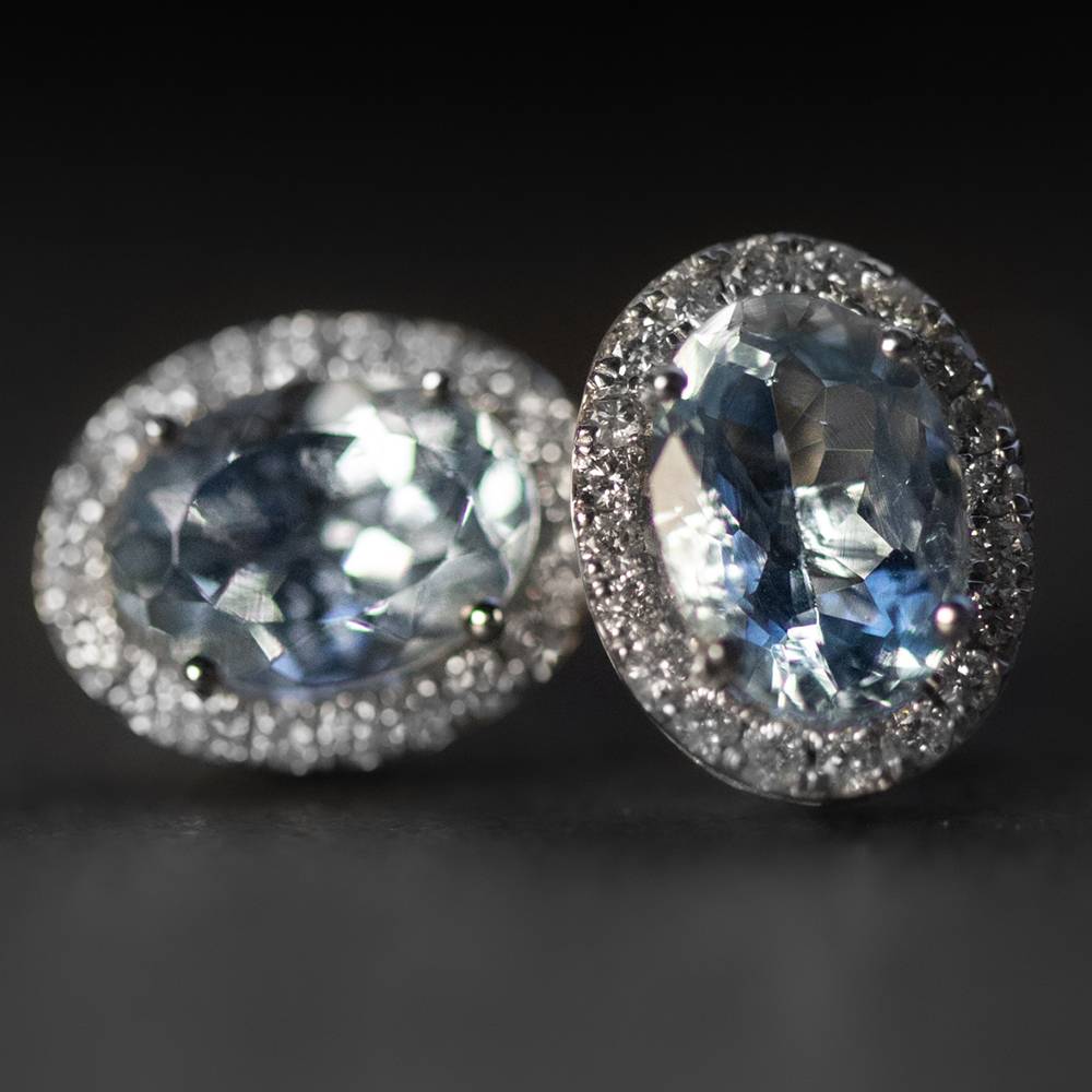 Oval Shaped Aquamarine & Diamond Cluster Earrings W
