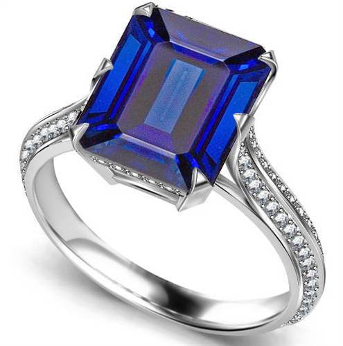Knife Edge Blue Sapphire Emerald & Round Diamond Vintage Ring W