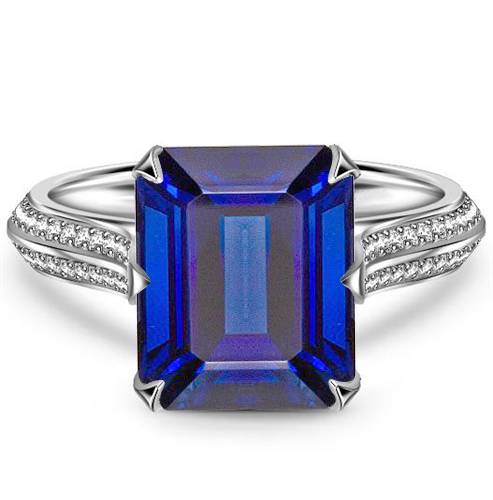Knife Edge Blue Sapphire Emerald & Round Diamond Vintage Ring P