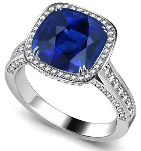 Cushion Blue Saphhire & Diamond Single Halo Ring P