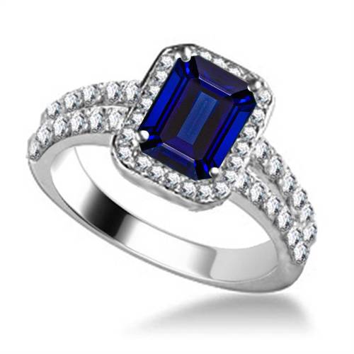 Emerald Blue Sapphire & Diamond Single Halo Shoulder Set Ring W