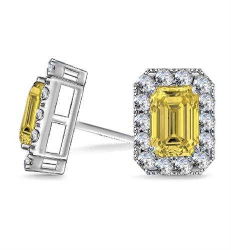 Fancy Yellow Emerald Diamond Halo Earrings P