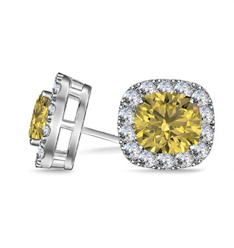 Fancy Yellow Cushion Diamond Halo Earrings W