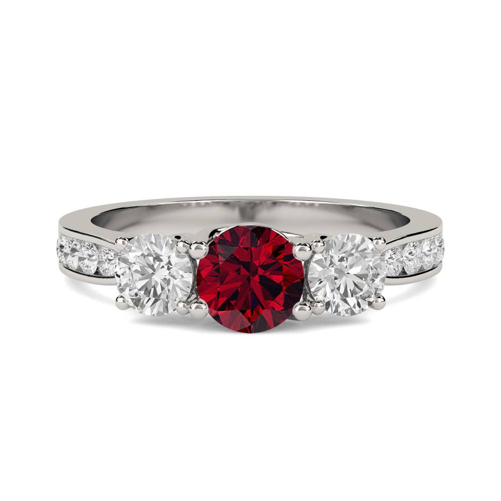 3 Stone Ruby /Diamond Ring With Shoulder Diamonds P