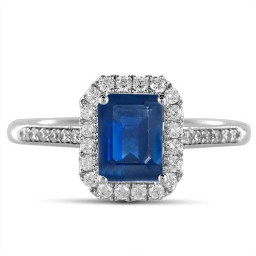 Emerald Blue Sapphire & Diamond Halo Ring W