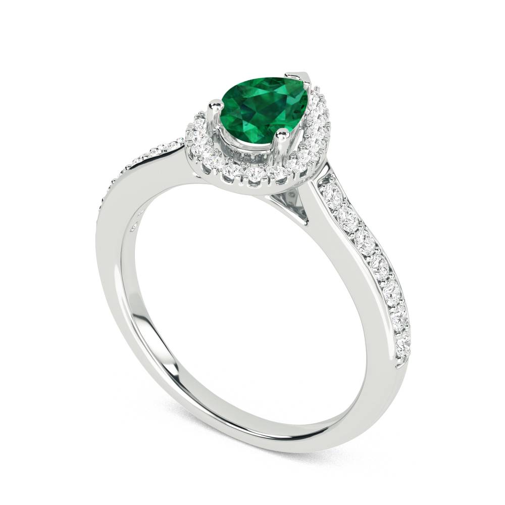 Green Emerald Pear Shaped Diamond Single Halo Shoulder Set Ring P