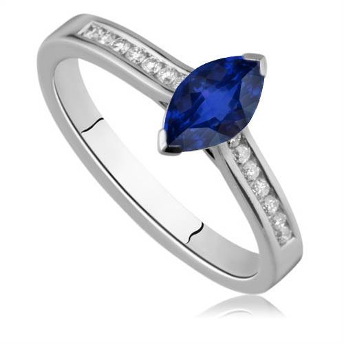 Two Prong Marquise Blue Sapphire/Round Shoulder Set Ring P