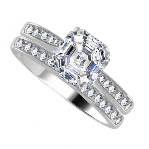 Asscher Diamond Shoulder Set Ring With Matching Band W