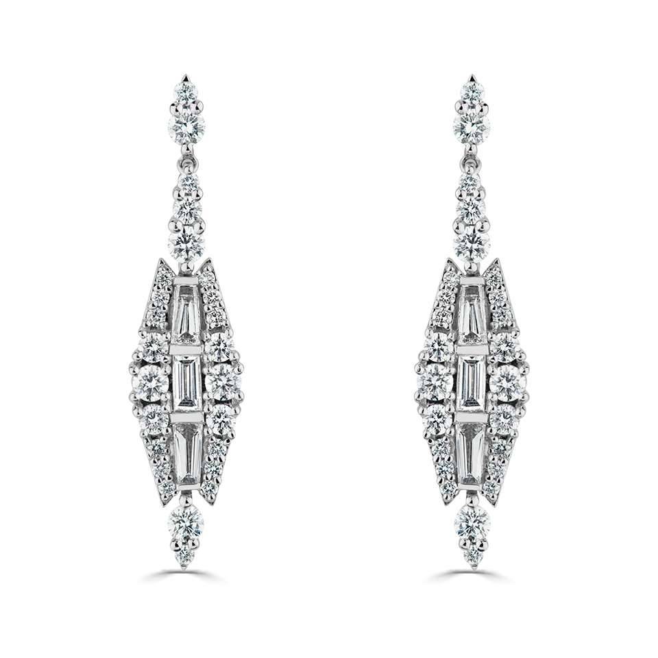 Round & Baguette Diamond Large Reflection Drop Earrings W