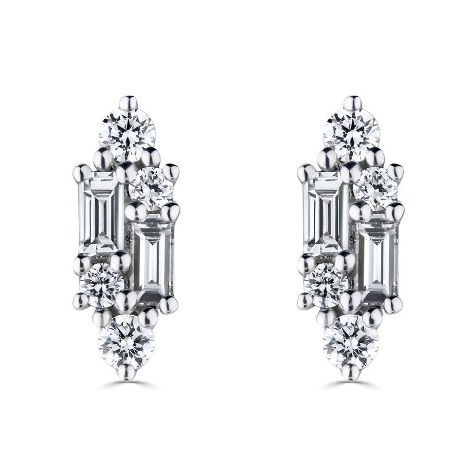 Round and Baguette Diamond Reflection Stud Earrings W