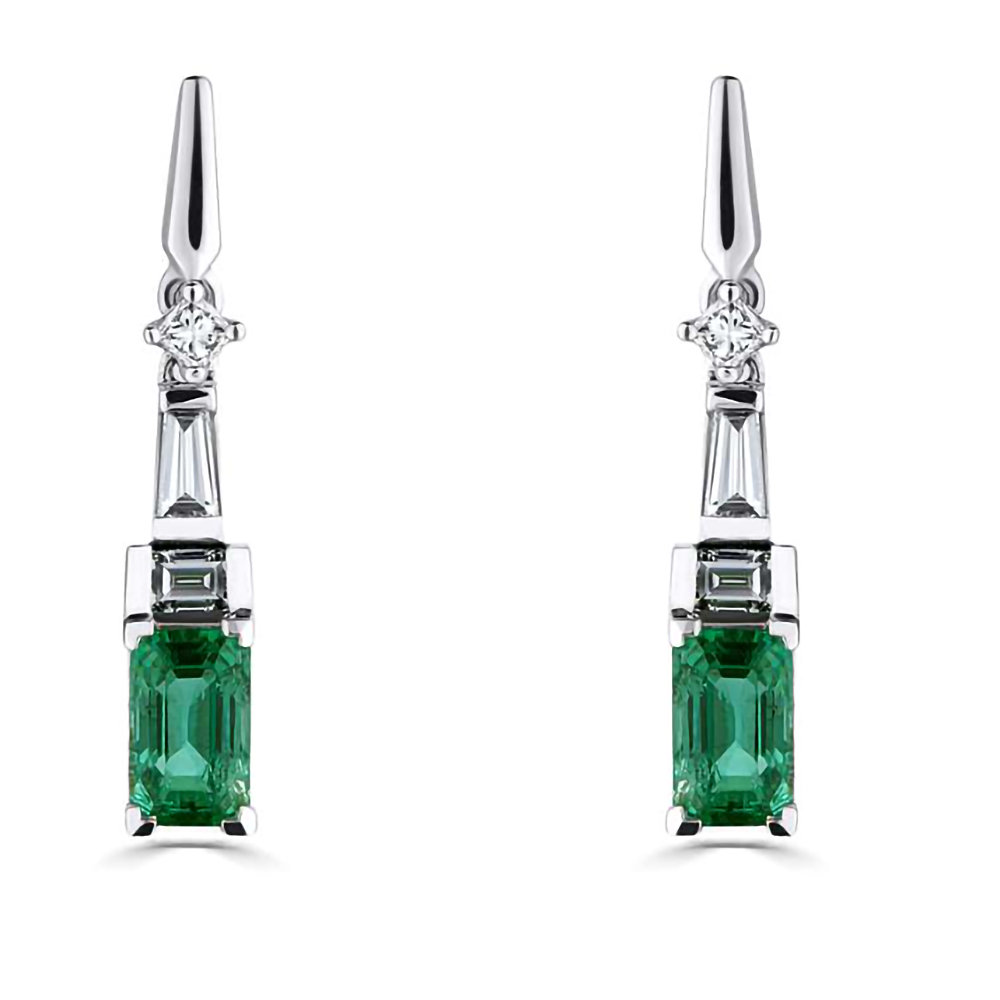 0.90Ct Diamond And Emerald  Art Deco Drop Earrings. W