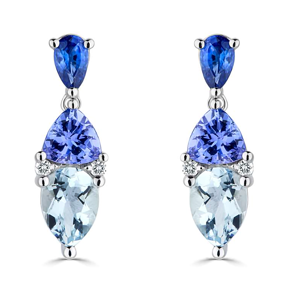 3.30Ct Blue Sapphire, Tanzanite & Aquamarine Tonal Blue Pear Drop Earrings. W