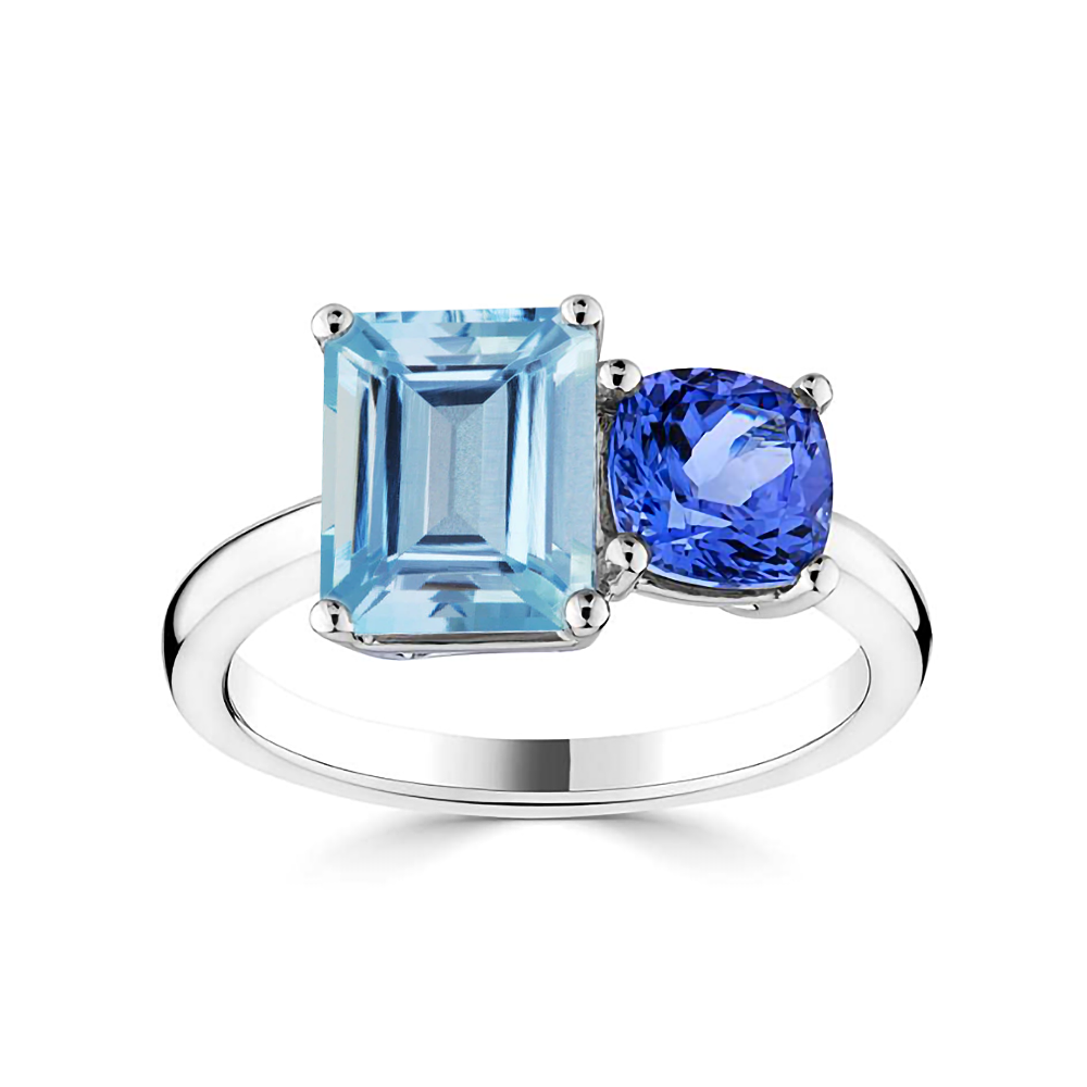2.00Ct Emerald/Cushion Aquamarine & Tanzanite Ring W