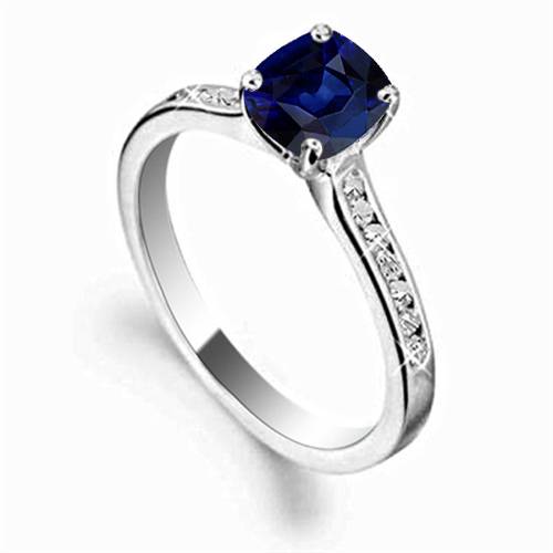 Cushion Blue Sapphire & Diamond Shoulder Set Ring W