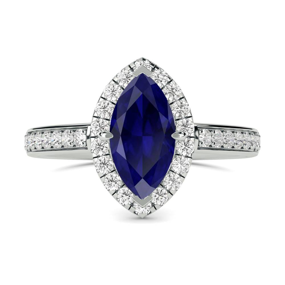 Blue Sapphire Marquise Shaped Diamond Single Halo Shoulder Set Ring P