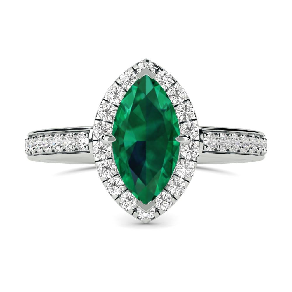 Green Emerald Marquise Shaped Diamond Single Halo Shoulder Set Ring P
