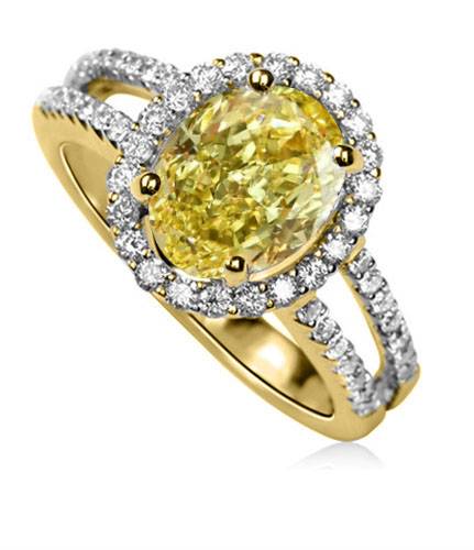 Fancy Yellow Oval Diamond Shoulder Set Ring Yellow Gold