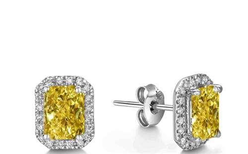 Fancy Yellow Radiant Diamond Halo Earrings W