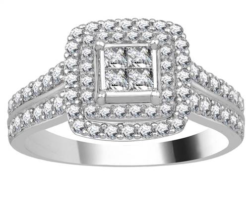 Double Halo Round Diamond Cluster Shoulder Set Ring W