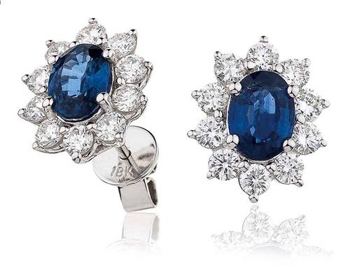 Oval Blue Sapphire & Diamond Cluster Earrings P