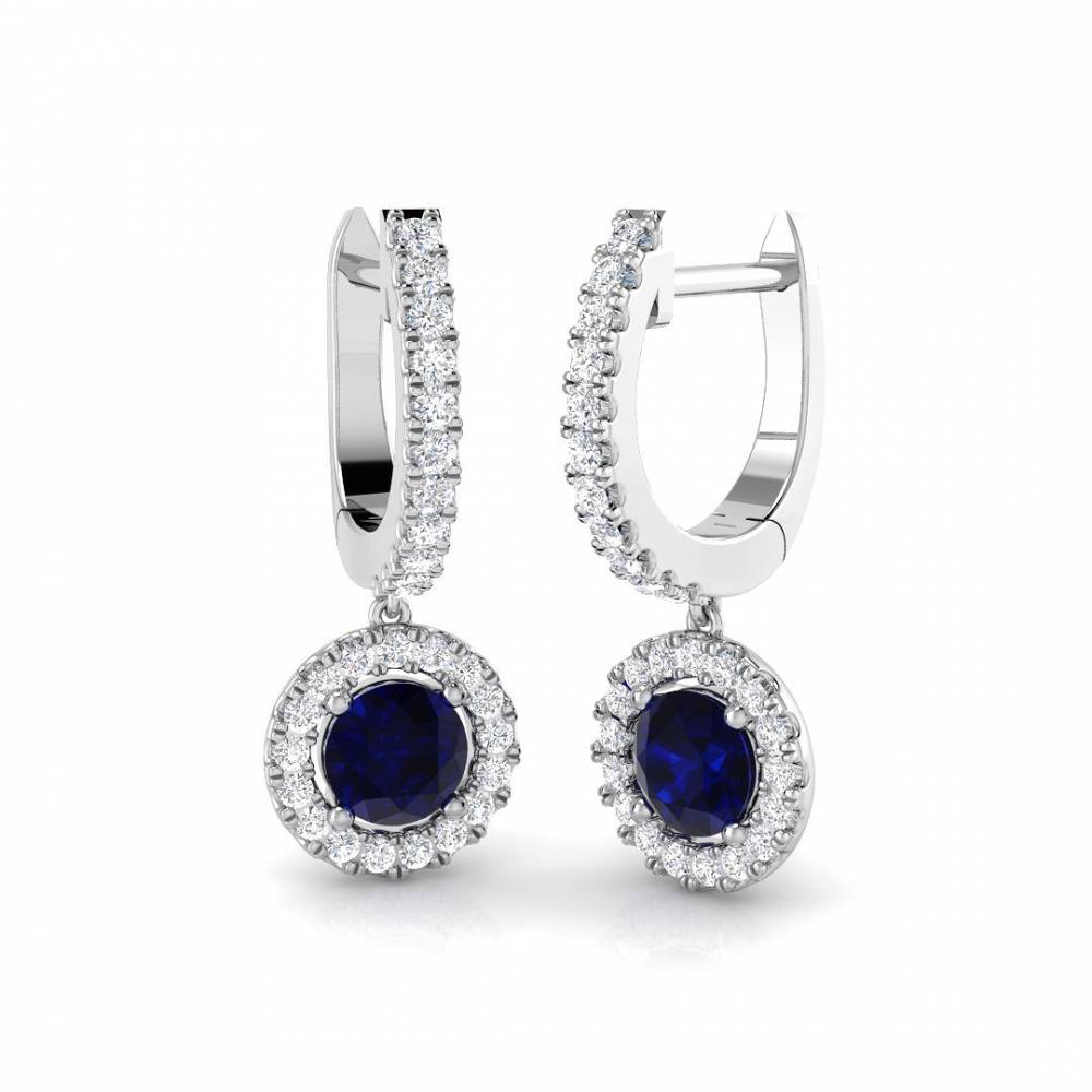 Round Blue Sapphire and Round Diamond Halo Drop Earrings W