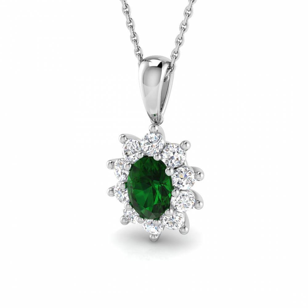 1.40ct EF/VS Oval Emerald Gemstone and Round Diamond Halo Pendant W