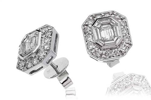 Emerald & Round Diamond Halo Cluster Earrings W