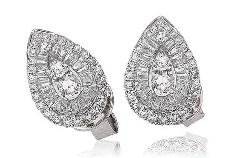 Teardrop Round & Baguette Diamond Cluster Earrings W