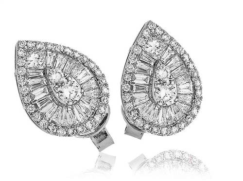 Teardrop Round & Baguette Diamond Cluster Earrings W