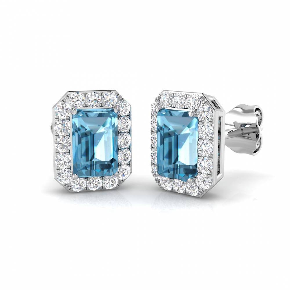 Blue Topaz Emerald and Round Diamond Halo Earrings W