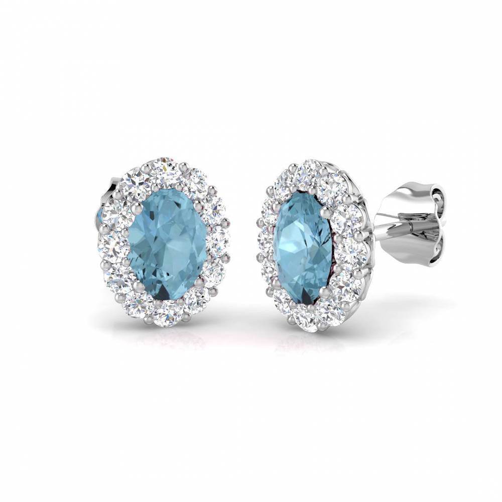 Oval Aquamarine and Round Diamond Halo Earrings W
