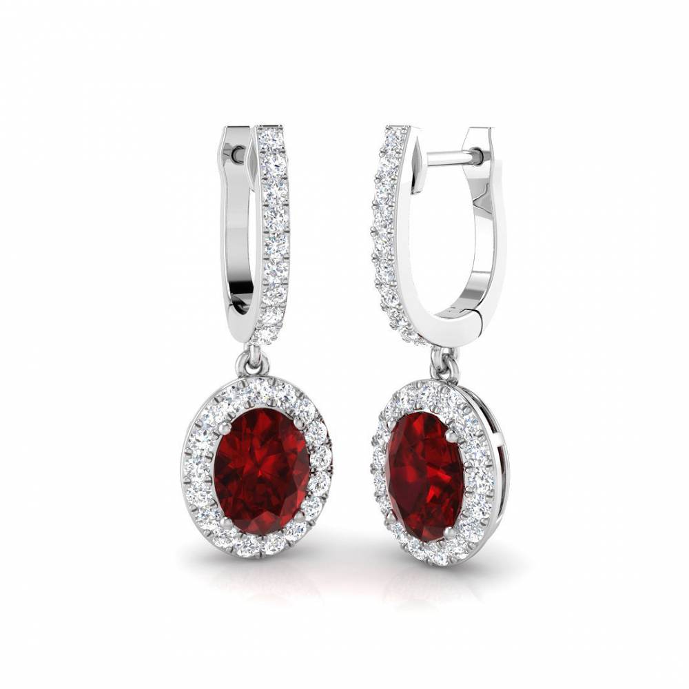 Oval Ruby Gemstone with Round Diamond Halo Drop Earrings W