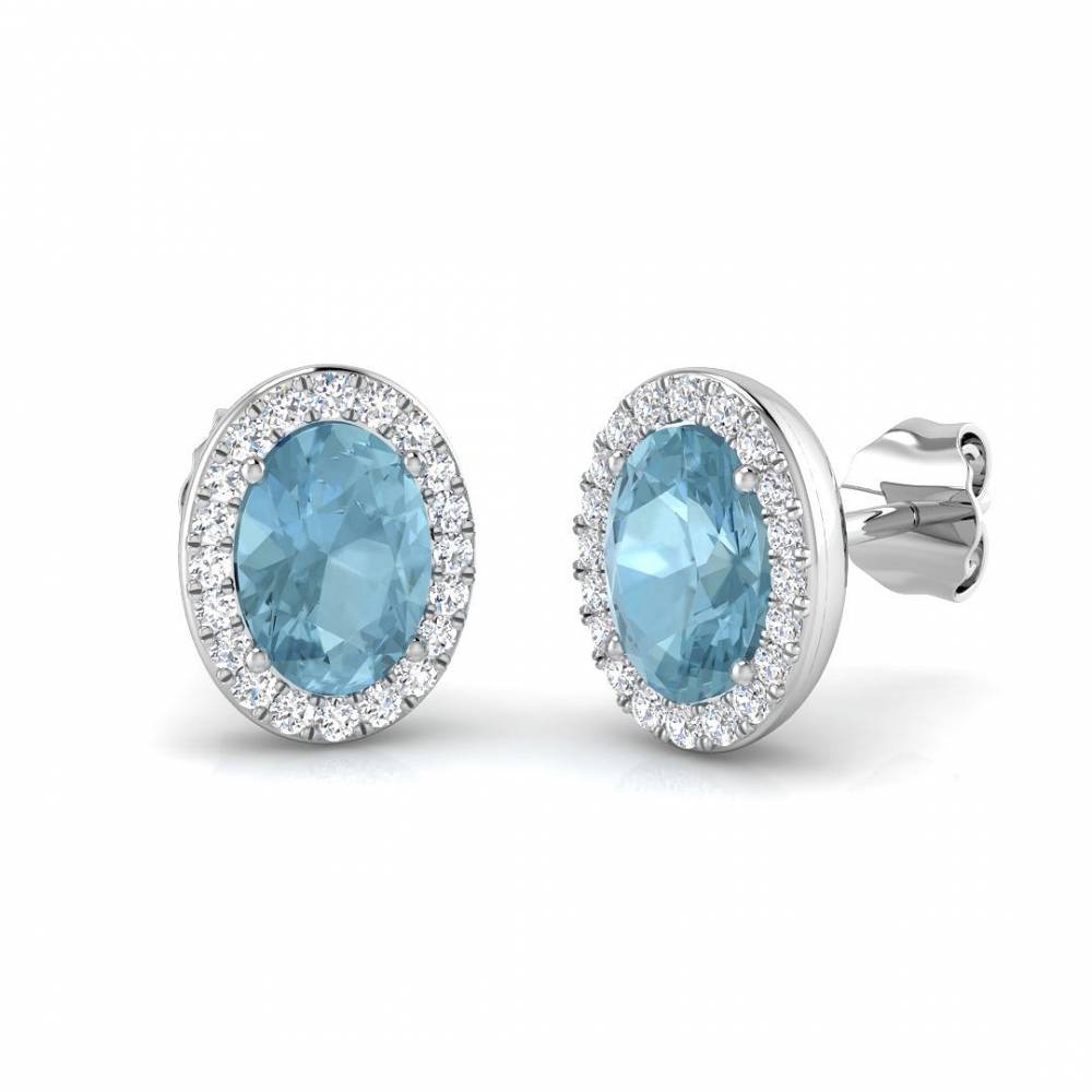 Oval Aquamarine and Round Diamond Halo Earrings W
