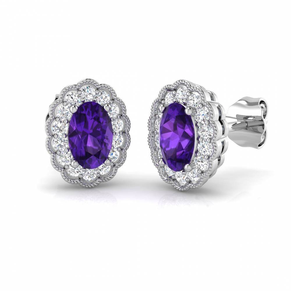Oval Amethyst and Round Diamond Halo Earrings W