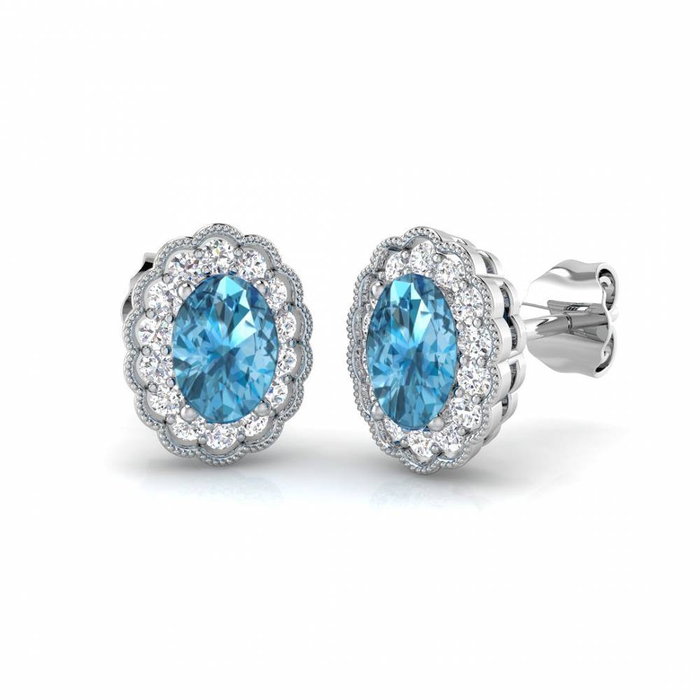 Blue Topaz Oval and Round Diamond Halo Earrings W