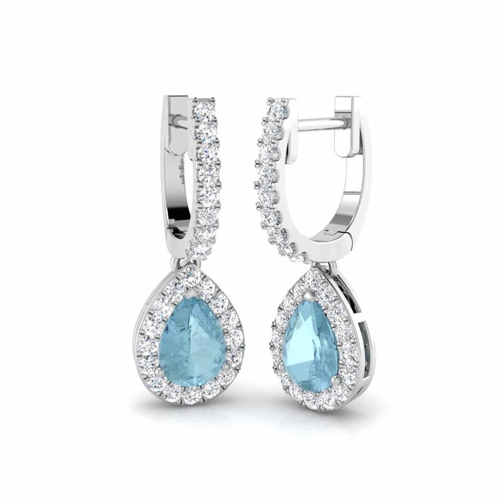 Pear Aquamarine and Round Diamond Halo Drop Earrings P
