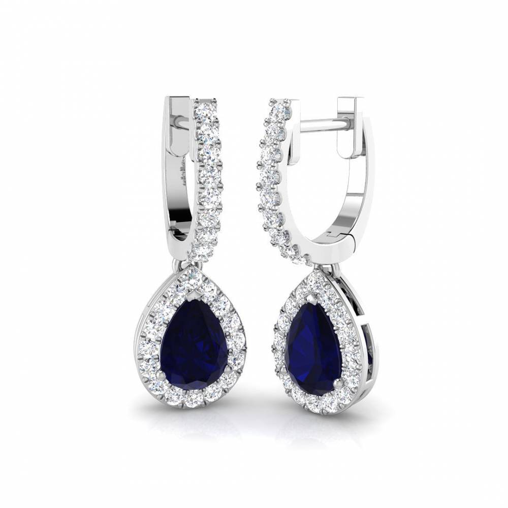 Pear Sapphire and Round Diamond Halo Drop Earrings W