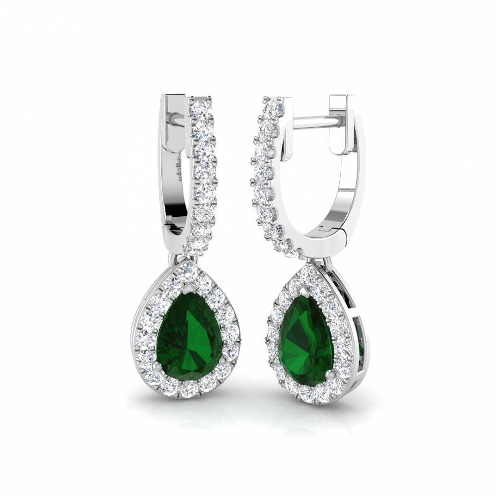 Pear Emerald Gemstone and Round Diamond Halo Drop Earrings W