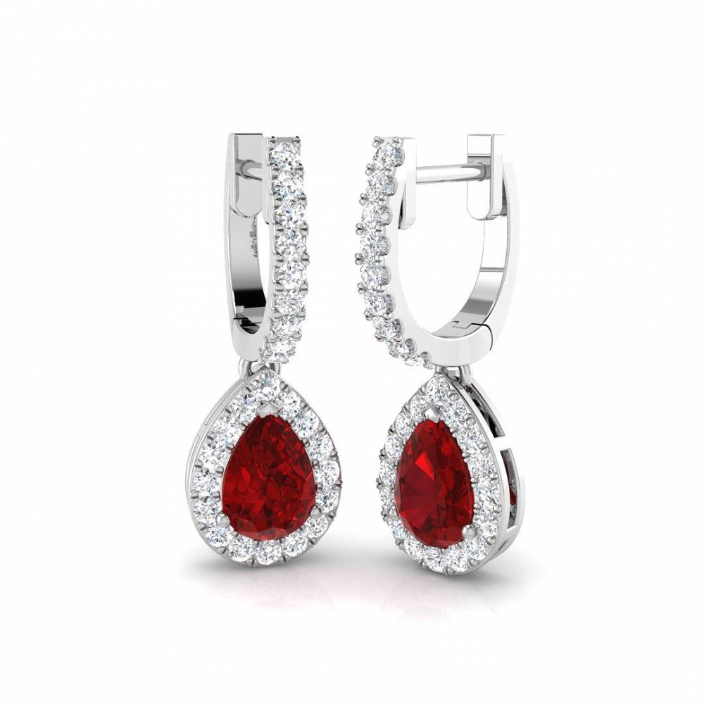 Pear Ruby Gemstone and Round Diamond Halo Drop Earrings P