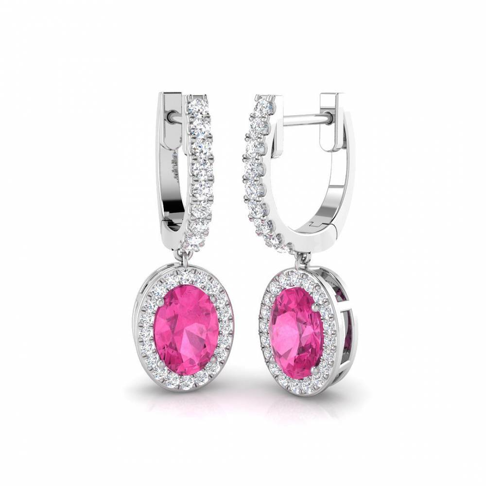 Pink Oval Sapphires and Round Diamond Halo Drop Earrings W
