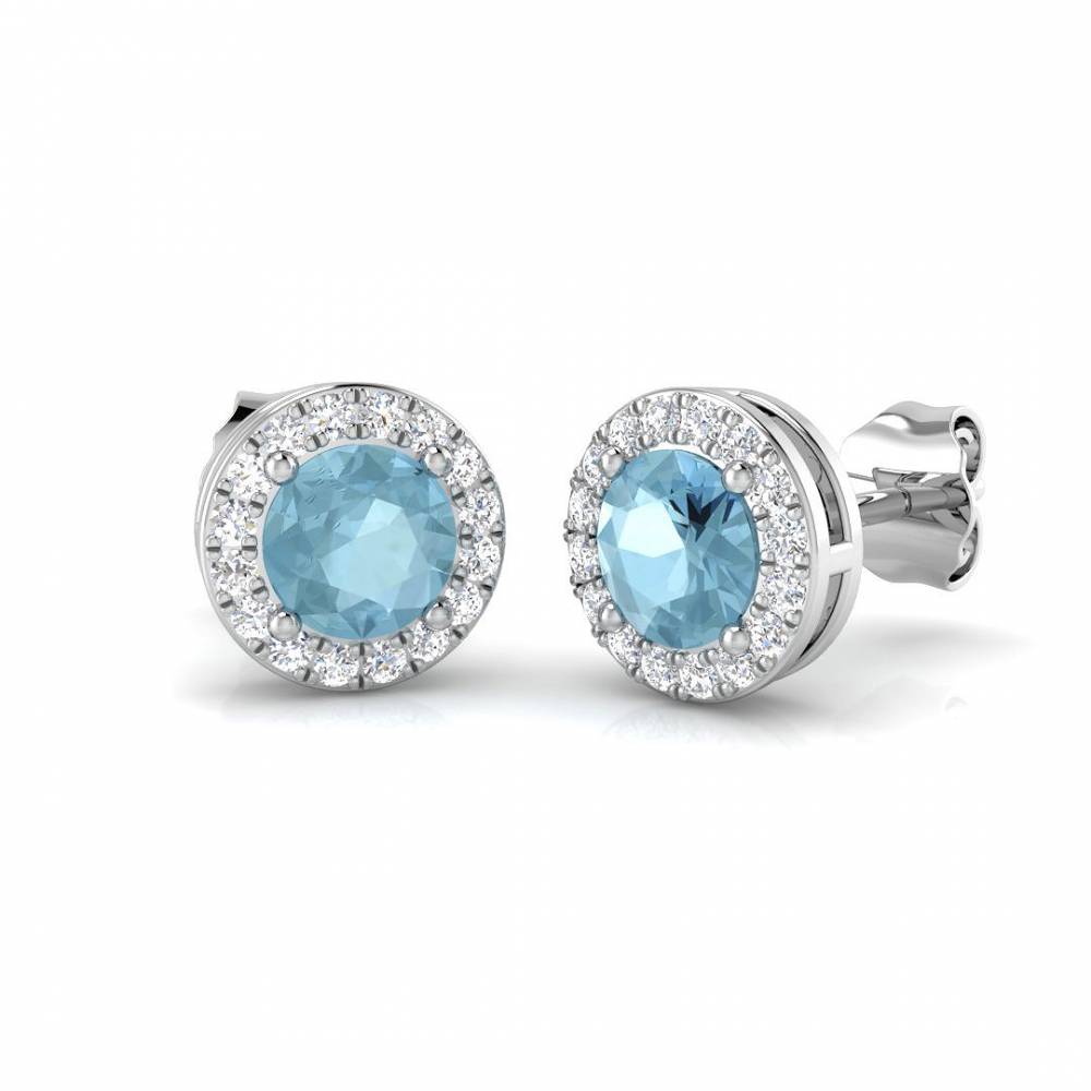 Round Aquamarine and Round Diamond Halo Earrings W