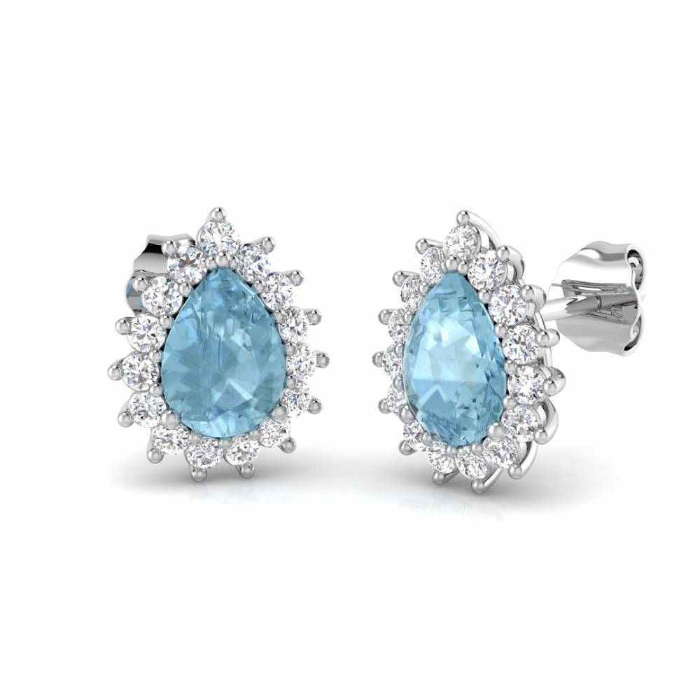 Pear Aquamarine and Round Diamond Halo Earrings P