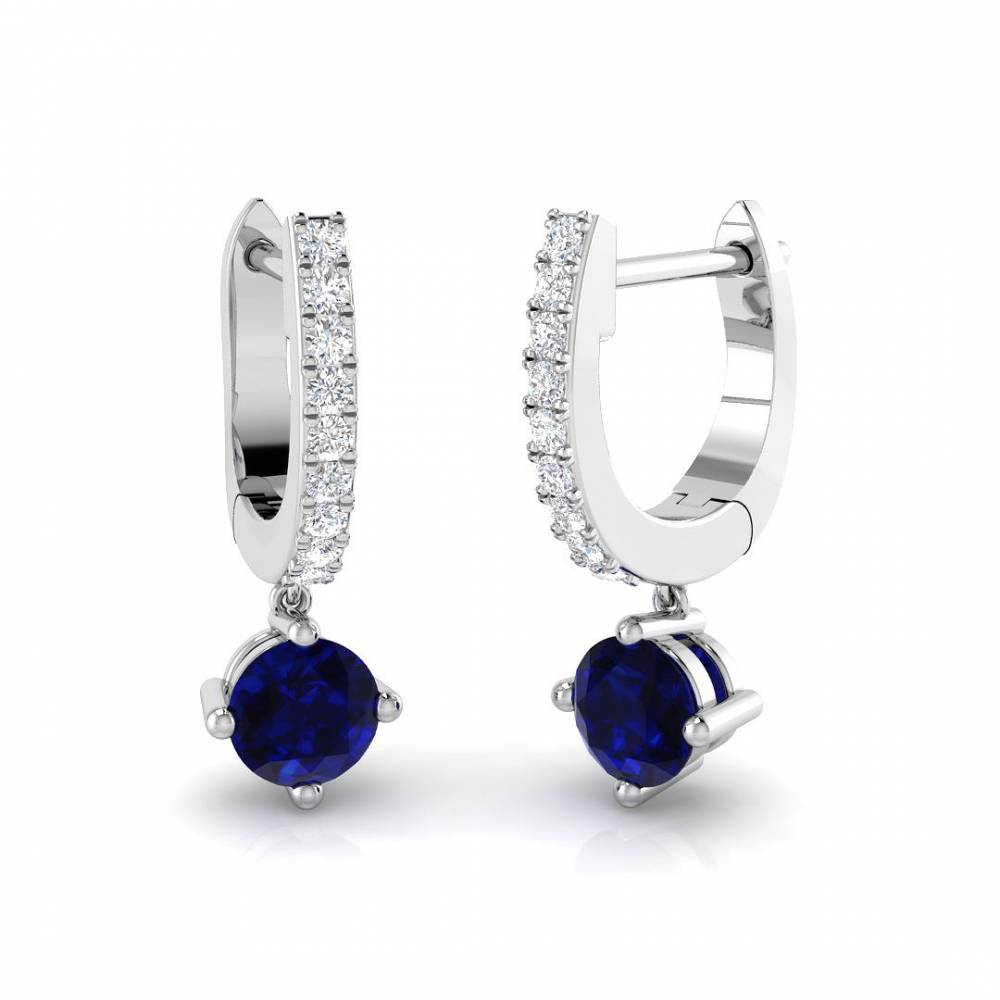 Round Blue Sapphire and Round Diamond Drop Earrings W
