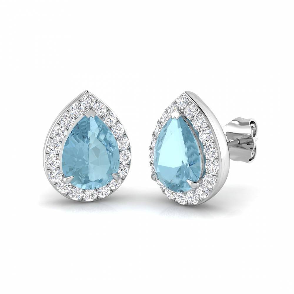Pear Aquamarine and Round Diamond Halo Earrings W