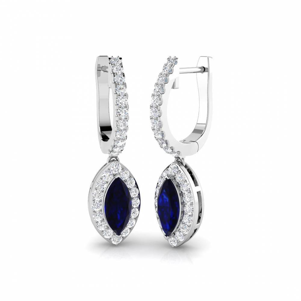Blue Sapphire Marquise and Round Diamond Halo Drop Earrings W
